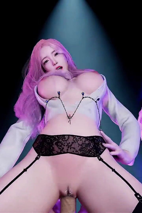 3D Pink Hair Slut Asian Whore Sitting on the Big Cock