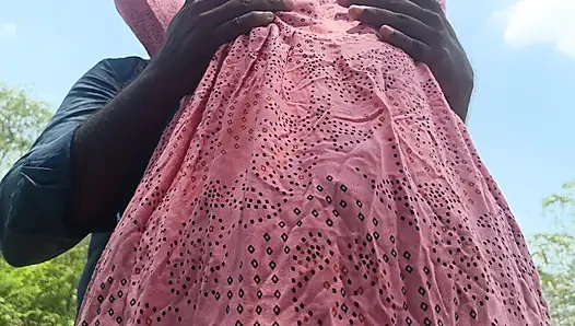 Housewife hot breast squeeze romance in outdoor