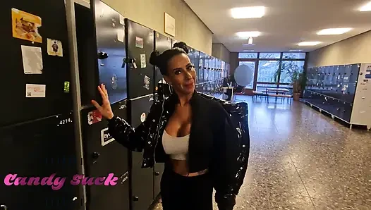 Candy sucks first day at university and she fucks a student right away
