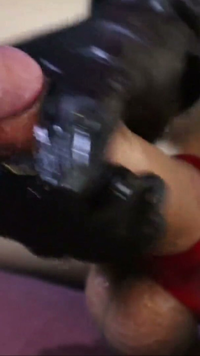 Penis massage close up with sexy black gloves and the dick gets very hard | Clip 1