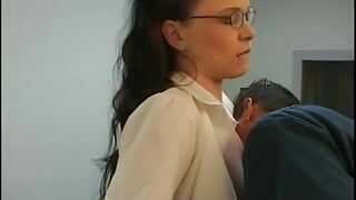 Geeky schoolgirl in glasses is not shy about fucking young guy in the hall