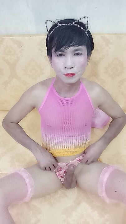 Transgender Oanh Le wears sexy clothes masturbating and ejaculates all over her body