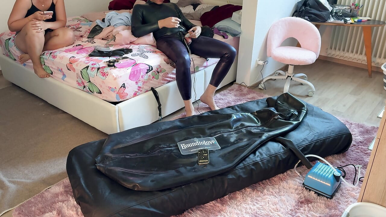 Wife drives her husband to orgasm with ESTIM in Inflatable Full Body Latex Bondage Bag. Restricted Breathing - Gagged  Butt Plug