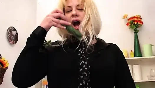 Blonde MILF Stretched Wide by Cucumber and Throbbing Cock