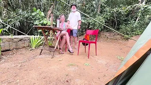 Naughty woman gives a blowjob and rides a stranger at the campsite.