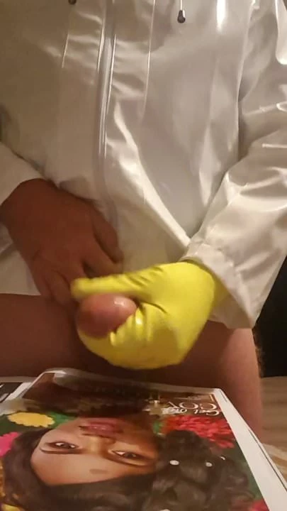 Rubber glove handjob and cum