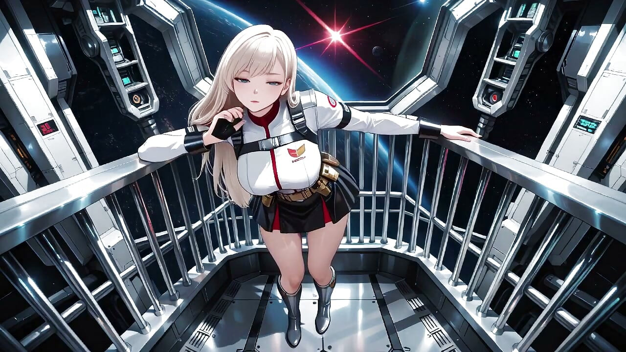 Private moments inside the futuristic spaceship where her white uniform is stretched to perfection.