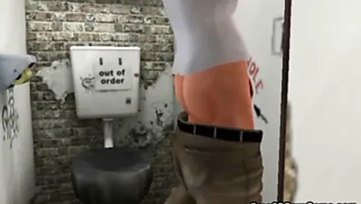 3D toon whore in a bathroom runs a glory hole