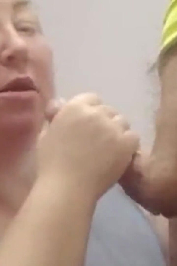 While I'm repairing the chandelier, she plays with my dick, sucks it, and fills her mouth with cum