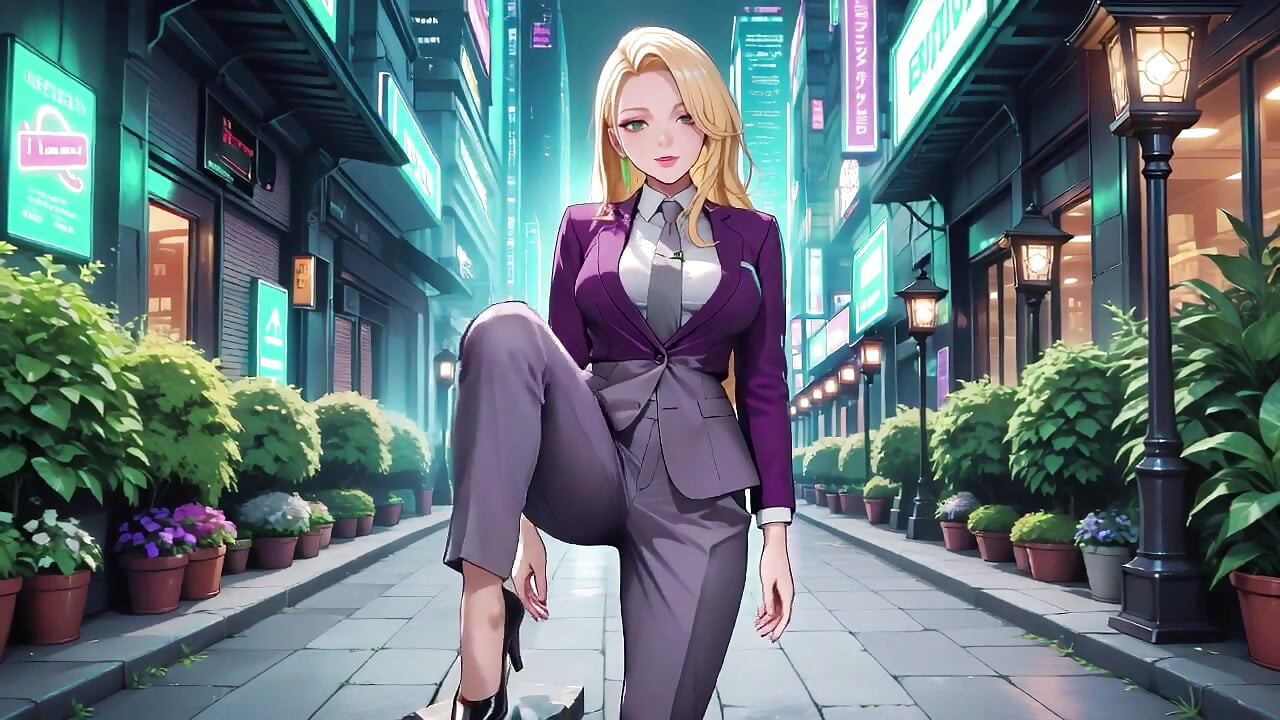 Șefă blondă în costum violet! Momente private în trenul de birou. Ea face multitasking cu fișiere în timp ce își ajustează în secret fusta...