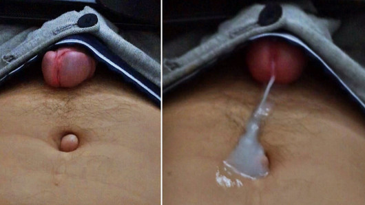 Filling my belly button with cum! Cumming without hands from strong excitement!