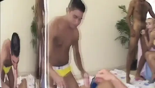 Pretty blonde slut loves having group sex with 3 bisexual blowjob boys