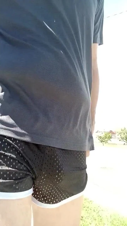 Must-see moment from "Free balling in mesh shorts so small my big cock keeps falling out"
