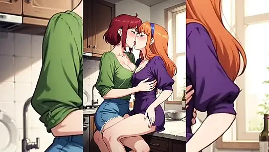 AI Toon лесбиянки супер шлюшки - поцелуи с поцелуями языка, групповой софткор