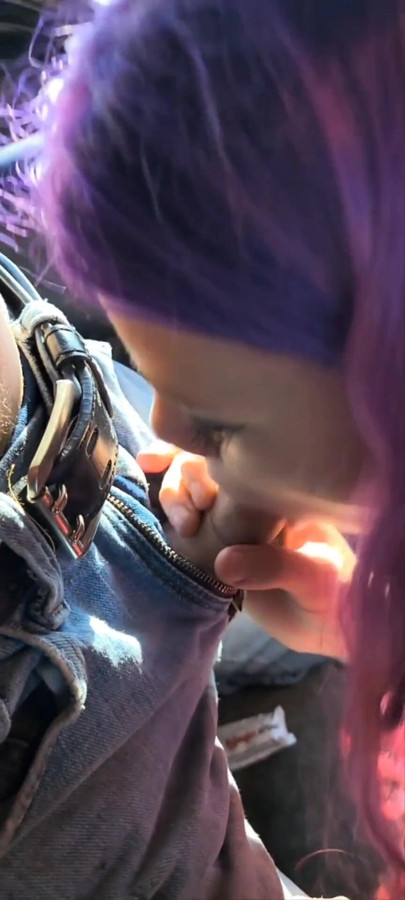 Sexy purple haired girlfriend worships my cock in the car | Clip 1