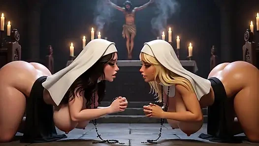 Para biarawati mesum ritual doa suci yang sederhana di kapel gotik kuno candlelit dengan pengabdian yang intens