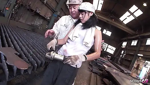 Bosses Fuck Asian Skinny Welder Teen Aoi in Threesome and Squirt Uncensored