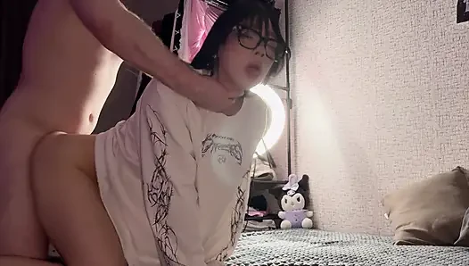 Pushed My Glasses-Wearing Alt Asian Girl on the Couch and Cum on Her Face After Rough Sex!