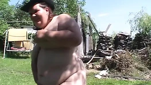 Watch this fatty slut rides her toy and then gets banged outdoors