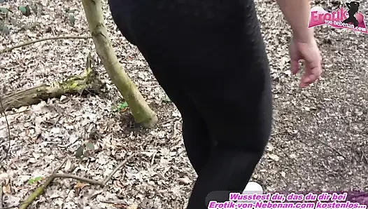 Chubby German milf having an outdoor blowjob in the woods with a stranger man