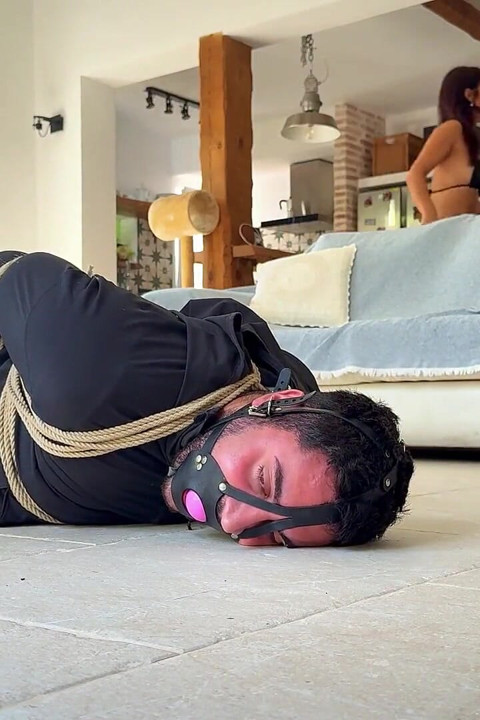 Latina Finds Every Tickling Spot on Her Sub While He Is in a Strict Hogtie