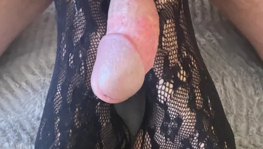 Foot Job in black lace stockings