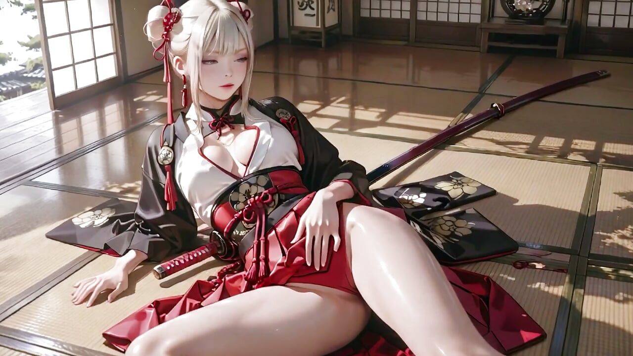Red & White Kimono Warrior! Kneeling on Tatami with Dual Blades, Silver-Haired Girl's Mesmerizing Gaze.