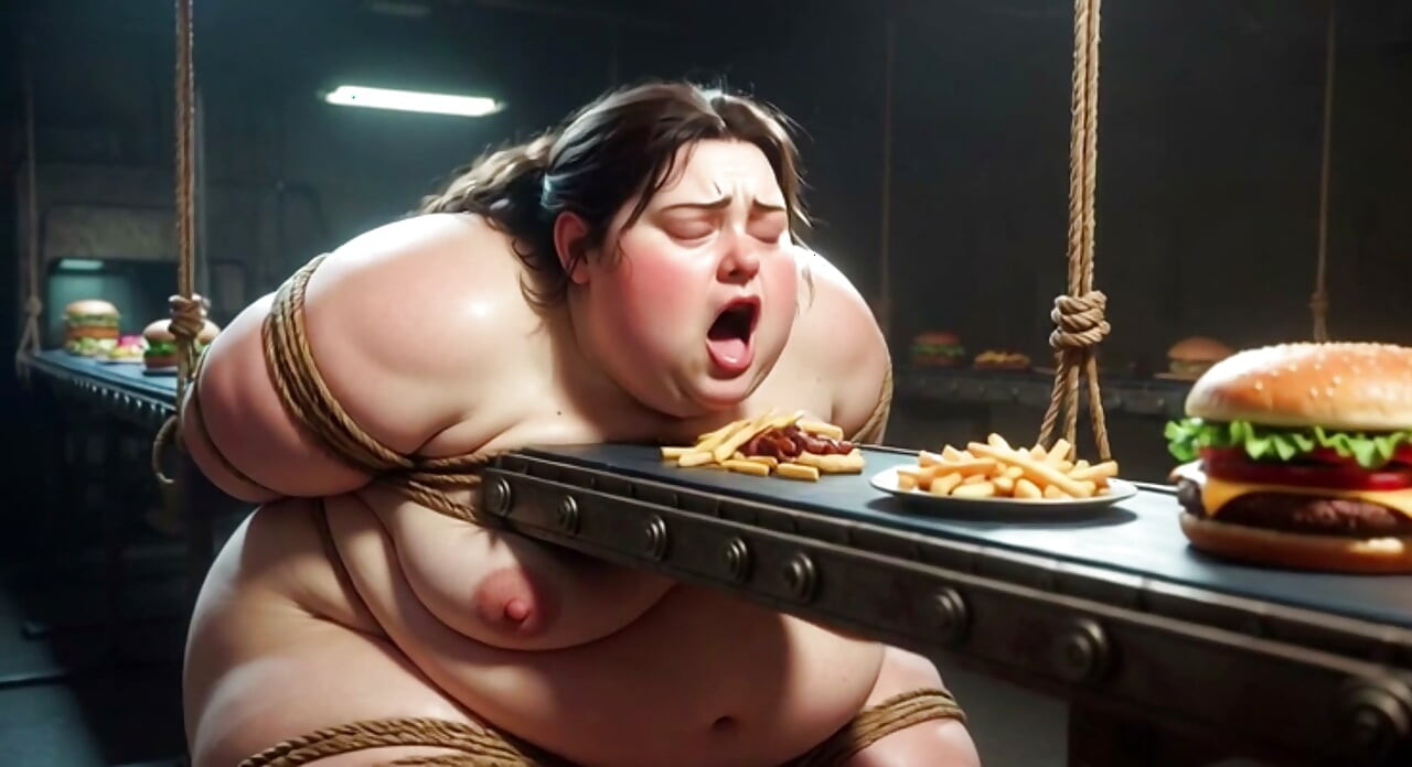 Tied up SSBBW Eats Massive Meal While Kneeling - Belly Stuffing
