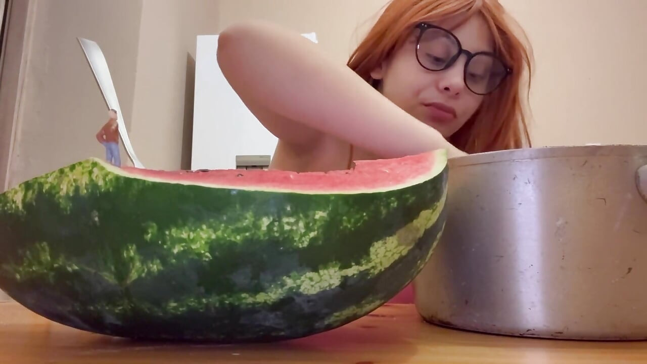Giantess Stepsister Eats Watermelon and Is Really Horny While Tiny Stepbrother Watches Giantess Stepsister Eat