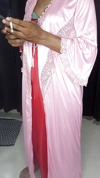 Hot satin sexy bra lanty and satin nighty wearing