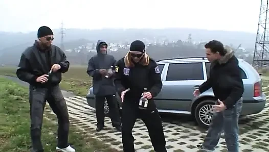 A crazy slut takes three big cocks