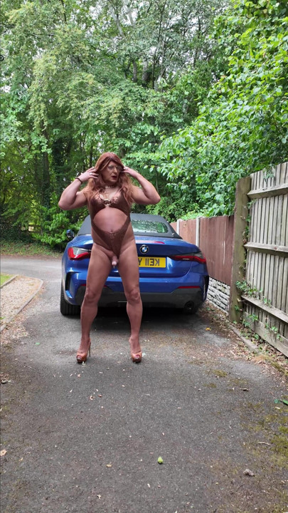 Sexy Crossdresser kellycd2022 in brown and gold swimsuit and heels | Clip 1