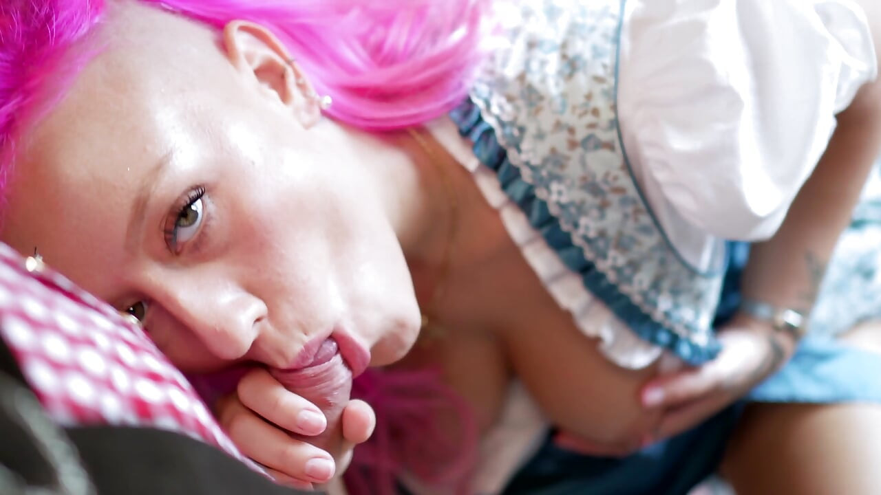 Pink Haired MILF Rides Hard in Dirndl Outfit