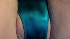 Crossdresser hands free cum inside green satin panties
