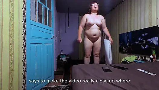 Naked Curvy Brunette on Vibration Platform Reads Comments with English Subtitles