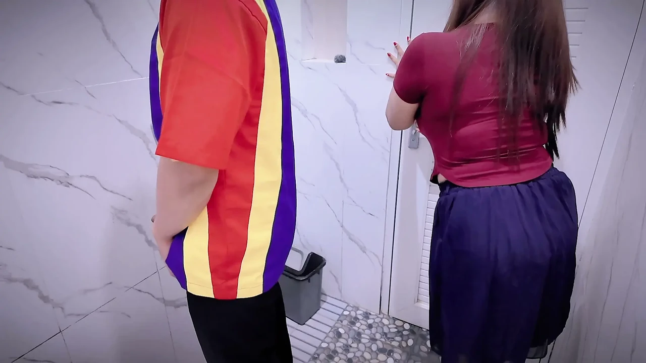 Blue store cashier trapped crazy chick in public toilet