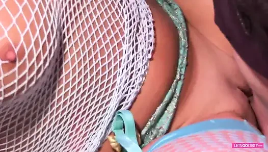 Brunette babe in fishnets and heels gets a good fuck