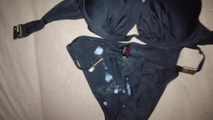 Cum on Black Bikini Bra 32D and Panties Set