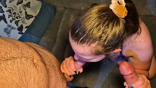 double blowjob hot wife sucking two cocks in front of husband
