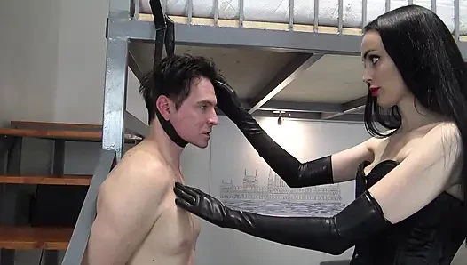 Hanging slave gets milked!