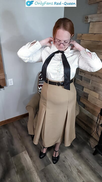 Classy Redhead 50S Secretary or Teacher Outfit Dressing From Girdle and Stockings - Heels, Dress, Blouse, and No Panties