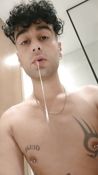 Spitting Guys Cum and Licking It Again in Hotel Bathroom - Cum Play