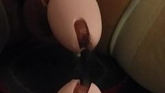 Crossdresser cums in pink chastity magic wand