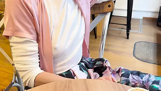 Extremely sexy white sheer blouse exposing my big hard pierced nipples in a coffee shop