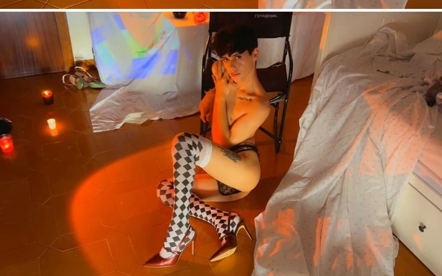 Theatrical Femboy in Heels & Harlequin Stockings - Candles & Sensual Vibes