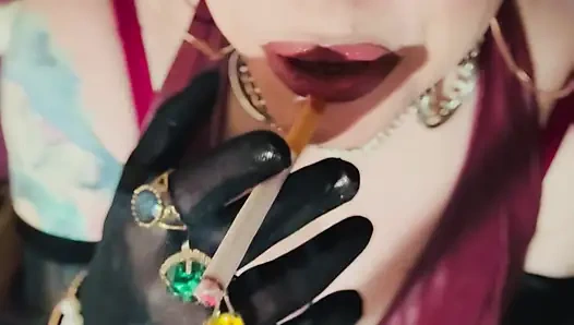 Red Leather & Cigarettes! Tina Snua Smoking A Cigarette Wearing Black Sheer Gloves & Jewelry
