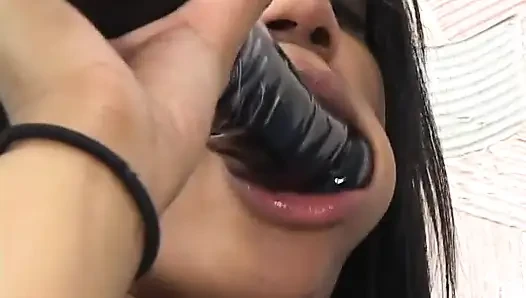Sexy ebony lesbians dildo fuck each other