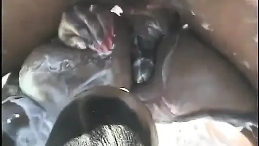 Black whore with gigantic breasts covered in whipped cream then fucked with BBC