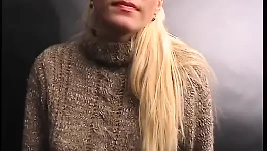 Busty blonde MILF dick sucking and riding in cowgirl at casting