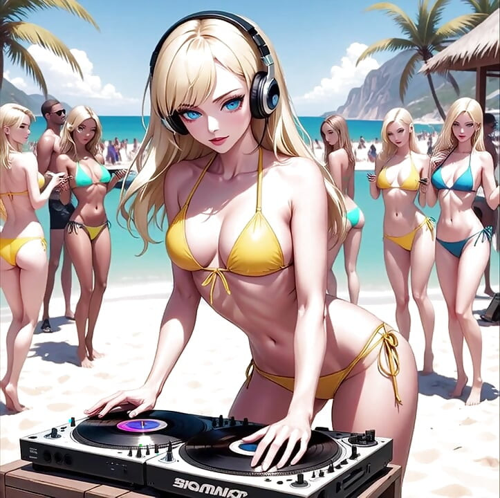 Anime szexi DJ a tengerparton Synthwave Retrowave